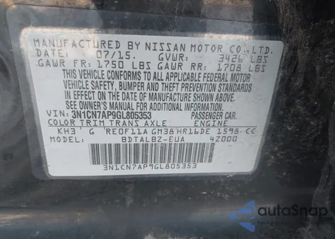 2016 Nissan Versa 1.6 S/1.6 S+/1.6 Sl/1.6 Sv z USA, uszkodzony, nr VIN 3N1CN7AP9GL805353